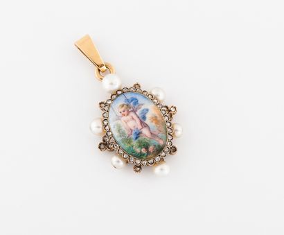 TRAVAIL ÉTRANGER A yellow gold (750) pendant centered on an oval plaque with polychrome...