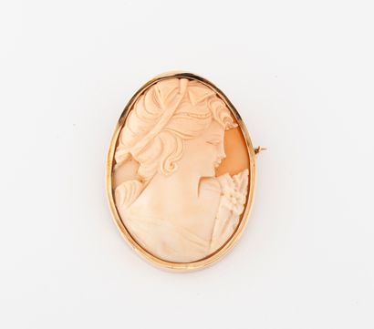  Yellow gold (750) brooch holding a cameo on a shell with the profile of a woman...