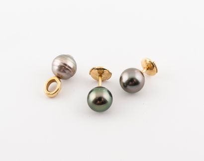 null Pair of yellow gold (750) ear studs adorned with grey-black Tahitian pearls....
