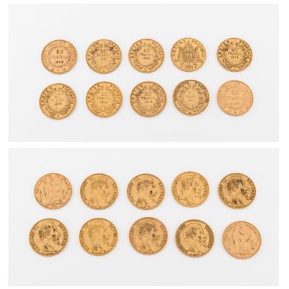 France Lot of 10 pieces of 20 francs gold :

- Louis Napoleon Bonaparte, 1852 Paris....