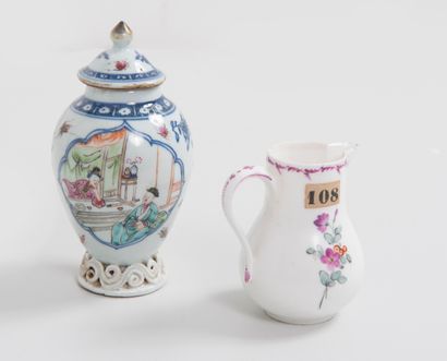 Lot comprenant : - Small milk pot in soft porcelain with white background and polychrome...