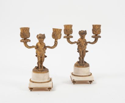 null 
Batch of lights :




- A pair of small ormolu and white marble candelabras,...