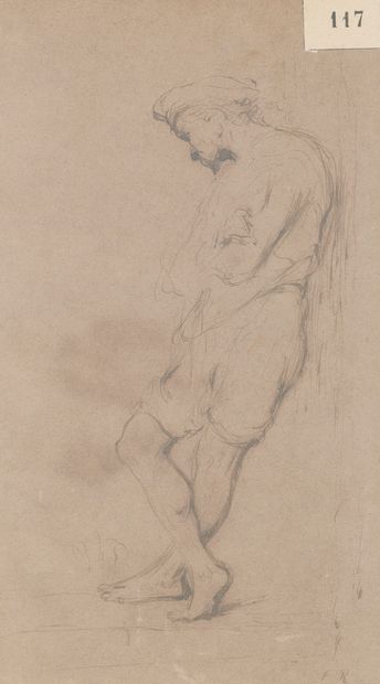 Attribué à Ferdinand ROYBET (1840-1920) Study of a man leaning on a wall.

Brown...