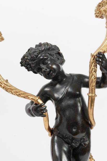 FRANCE, style Louis XVI, XXème siècle 
Pair of gilt bronze candelabras with black...