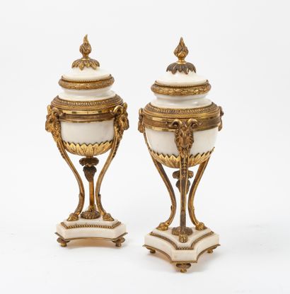 null 
Lot :




-Une paire de cassolettes en marbre blanc et bronze doré, portées...