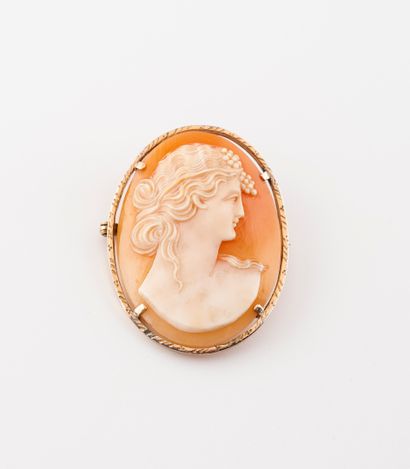 null Oval gilt metal brooch with a cameo on a shell with a woman's profile, the hairstyle...
