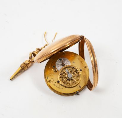 J.F. de la ROUX, à Saint Chamond Yellow gold (750) pocket watch. 
Caseband and bezel...