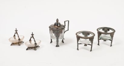 null Two saltcellars and a mustard pot with silver mounts (950) with leaf friezes...