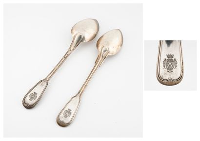 Two silver ragout spoons (950), with filets,...