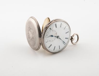  Silver pocket watch (min. 800). 
White enamelled dial, indexes Roman numerals for...