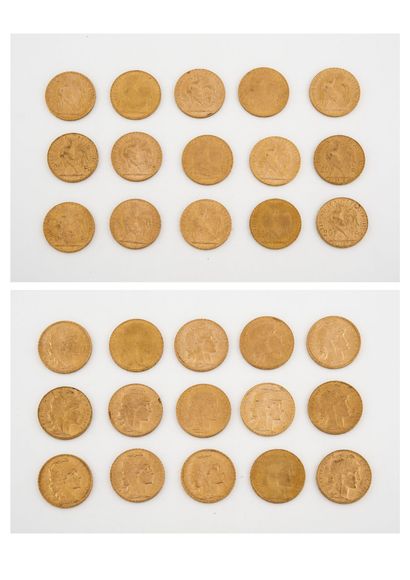 France Lot de 15 pièces de 20 francs or, IIIème république : 1905, 1907 (x3), 1908,...
