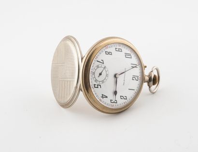  Silver pocket watch (min. 800). 
White enamelled dial, Arabic numerals for the hours,...
