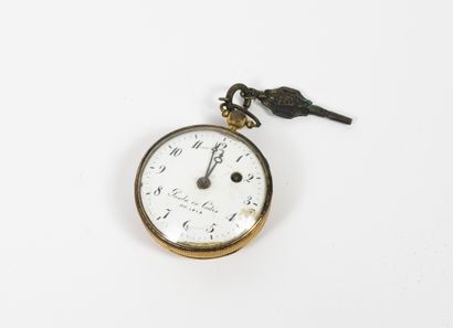 null Three pocket watches :

- one in gilt copper.

White enamelled dial, signed...