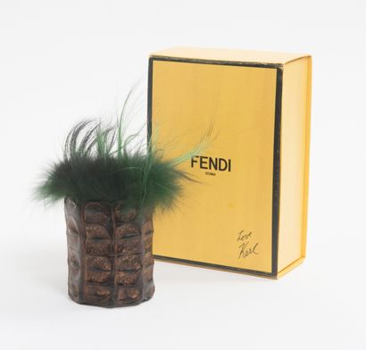 FENDI Roma Important cuff bracelet in brown crocodile style leather and green dyed...