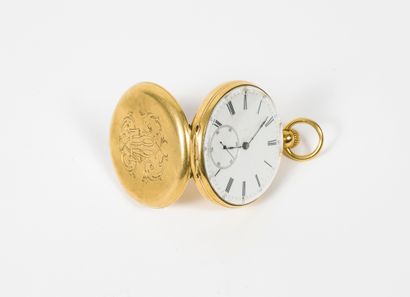 null Yellow gold (750) pocket watch.

Plain cover, engraved C.C.T.

White enamelled...