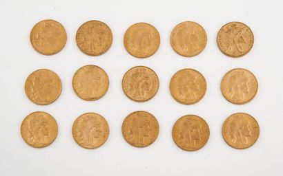 null Lot of 15 coins of 20 francs gold, IIIth republic : 1903, 1907 (x2), 1909 (x3),...