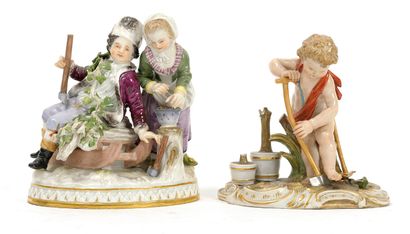 MEISSEN Deux groupes en porcelaine, l'un représentant une allégorie de l'hiver sous...