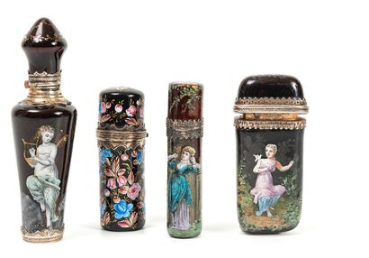 FRANCE ET DIVERS 
Four salt or perfume bottles of different shapes in enamelled copper...