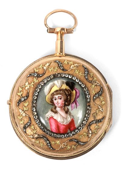 France Pocket watch in two-tone gold (750).
The bezel set on silver (min. 800) with...