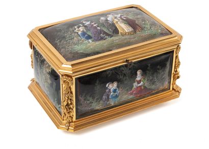 null 
Gilt bronze and painted enamel box, decorated with genre scenes in the Renaissance...