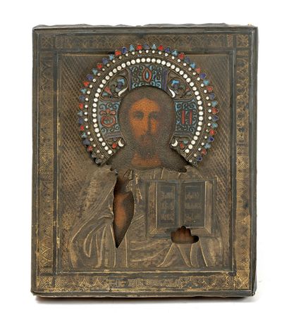 RUSSIE Icône de voyage figurant le Christ Pantocrator.
Chromolithographie sur bois.
Vers...