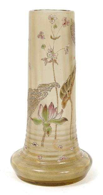CRISTALLERIE EMILE GALLE 
A tubular vase with a flattened, slightly ringed body.
An...