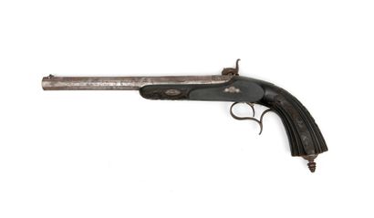 BELGIQUE Percussion cap pistol.
Lock and hammer with etched decoration of flowers.
Rifled,...