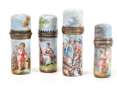 France 
Four cylindrical porcelain or enamelled copper salt or perfume bottles with...
