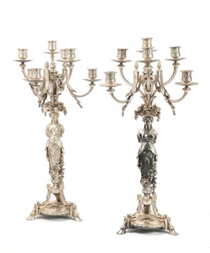 France A pair of silver candelabras (950) consisting of a bouquet of seven arms of...