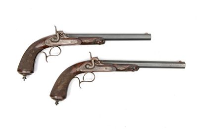 FRANCE GALAND, Paris. 
Pair of capsule percussion dueling pistols.
Scroll engraved...