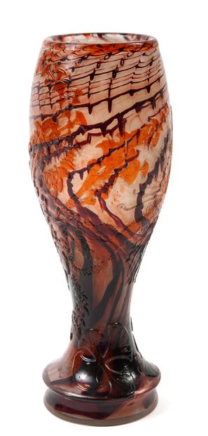 Émile GALLÉ (1846-1904) 
Spindle-shaped vase with a circular ringed base.
Ochre and...