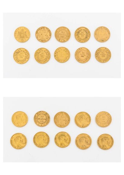 France Lot de dix pièces de 20 francs or comprenant : 

- Napoléon III, Tête Nue,...