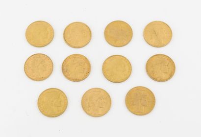 France Lot de 11 pièces de 20 francs or, IIIème république, au Coq, 1904, 1907 (x2),...