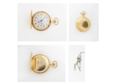 MOVADO, Sûreté Yellow gold (750) savonnette pocket watch.

White enamelled dial,...