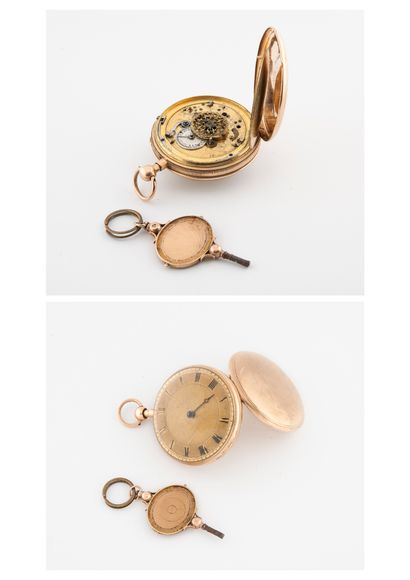  Yellow gold (750) pocket watch. 
Back cover with plain background. 
Dial with gilded...