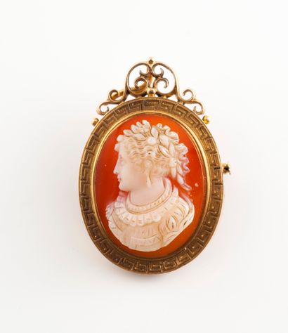 null Yellow gold (750) pendant brooch centered with a cameo on agate showing a woman's...