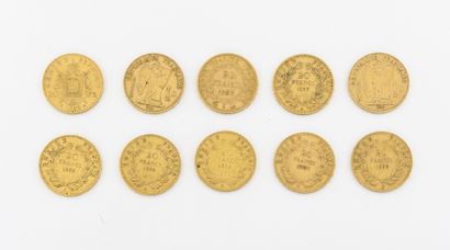 France Lot de dix pièces de 20 francs or comprenant : 

- Napoléon III, Tête Nue,...