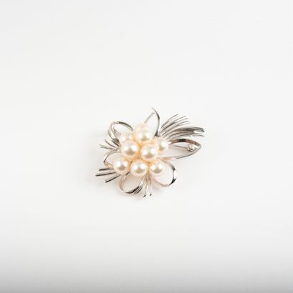 null Broche fleur en métal argenté centrée d'un bouquet de perles de culture blanches.

Epingle...