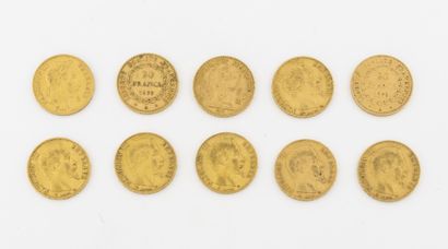 France Lot of ten 20 francs gold coins including : 

- Napoleon III, Naked Head,...