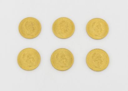 AUTRICHE HONGRIE Lot de 6 pièces de 1 ducat or, 1915. 

Poids total : 20.9 g. 

Usures...