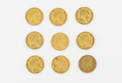 France Lot de 9 pièces de 20 francs or :

- Napoléon III, Tête Nue : 1854 (x3) Paris,...