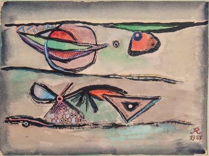 Hans Reichel (1892-1958) Composition, 1951.
Encre et aquarelle sur papier marouflé...