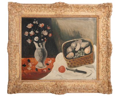 André DERAIN (1880-1954) Corbeille de fruits et vase de fleurs, circa 1922-23.
Huile...