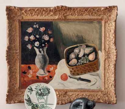 André DERAIN (1880-1954) Corbeille de fruits et vase de fleurs, circa 1922-23.
Huile...