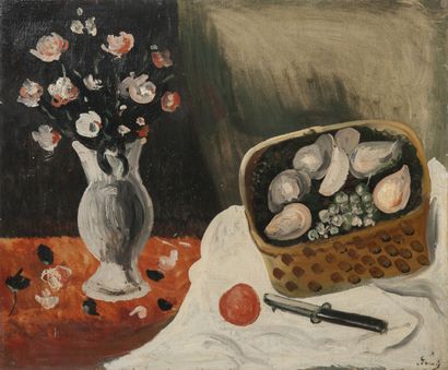 André DERAIN (1880-1954) Corbeille de fruits et vase de fleurs, circa 1922-23.
Huile...