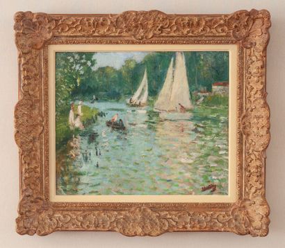 Pierre Eugène MONTEZIN (1874-1946) Sailboats on the Seine at Moret-sur-Loing.
Oil...
