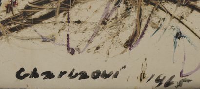 Jilali GHARBAOUI (1930-1971) Composition, 1965.
Huile sur carton.
Signée et datée...