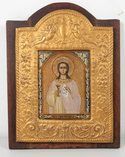 RUSSIE, XIX-XXème siècle Christ Pantocrator. 

Icon.

Tempera on wood with golden...