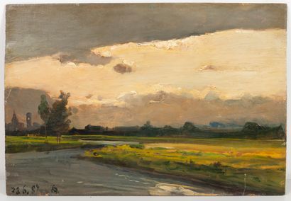 Lorenzo Delleani (1840-1908) Paysage avec village, effet de ciel, [18]87.

Huile...