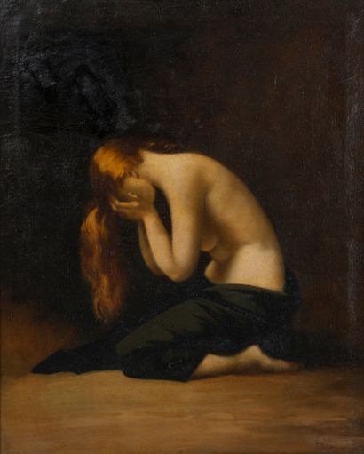 D'après Jean-Jacques HENNER (1829-1905) The kneeling Magdalene. 

Oil on canvas....